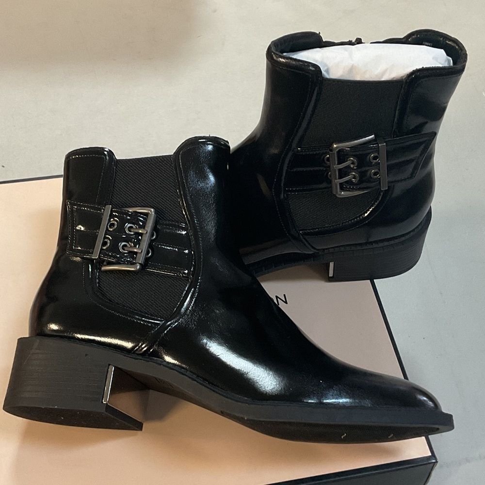 BCBGeneration Glossy Black Ankle Boots with Double Buckle